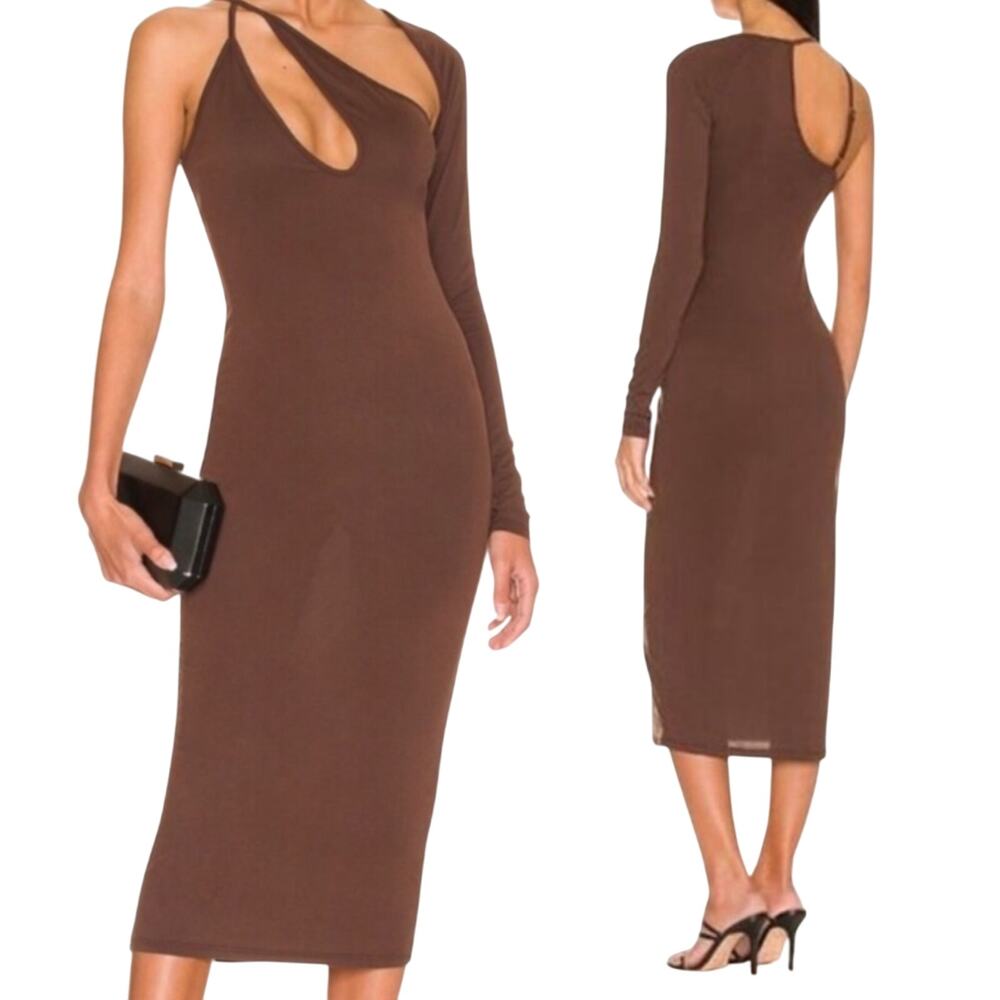 NBD Alora Midi Dress One Shoulder Bodycon Asymmetric Cutout Neckline Brown NEW S